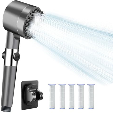 Duschkopf mit Filter, Wassersparend Hochdruck Duschkopf mit 5 Filtern und Haken, Hochdruckbrausekopf Dusche, Massage Handbrause mit 3+1 Strahlarten, Handbrause Duschkopf mit Stoppfunktion