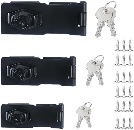 Zythrem 3Pcs Black Hasp and Staple with Padlock Keyed Hasp Lock Shed Lock Bedroom Door Locks with Key Twist Knob Keyed Locking Hasp Safety Door Clasp Gate Lock for Cabinet Garden 2.5inch/3inch/4inch