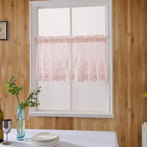 Mesnt Rideau De Cuisine Court, 1 Pièce Rose Broderie de Couleur Unie Filtrage de la Lumière Petit Rideau Fenetre Rideaux Brise-Bise Courts Placard Salon Chambre, Polyester, L137 x H61 cm