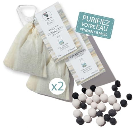 Perles de céramiques eau x2 - eau du robinet trio de 2X20g - Filtre minéralise hydrate dynamise - Efficace 8 mois, naturel réutilisable - Billes en argile pour carafe, bouteille Goût, chlore, calcaire