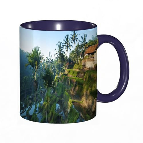 EKLMPS Becher aus Keramik, Ideal als Geschenk, Hochwertiger Aufdruck, Tasse mit Motiv, Tee Becher, Coffee Cup, 330ml,Terrassen-Reisfelder im Morgensonnenaufgang, Bali, Indonesien.
