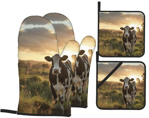 Juego de 4 manoplas de horno con estampado de vaca lechera para cocinar, cocinar a la parrilla