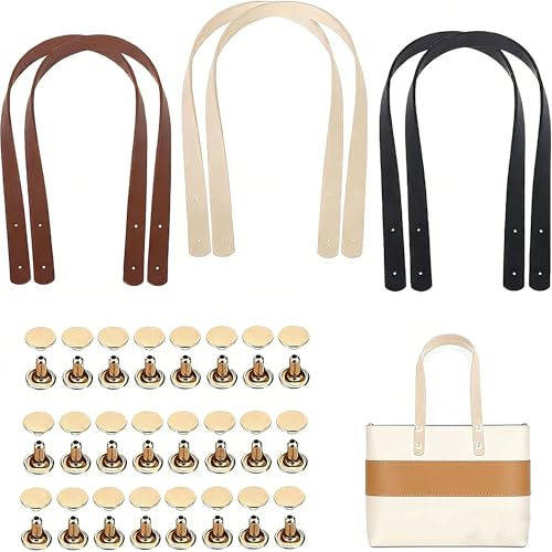 GIUSOBG 6 Stück Taschengriffe Aus Leder 60CM Taschenhenkel Taschenriemen | 3 Farben Taschen Leder Lederriemen für 24 Nieten Taschen Lederhandtaschengriffe Griff für Tasche für DIY Geldbörse Handtasche