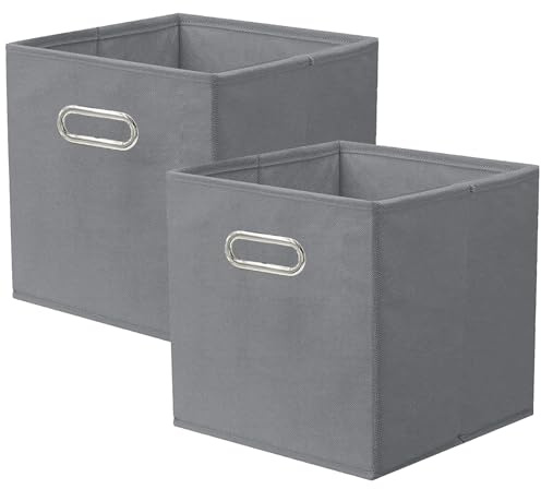 powerking Fabric Storage Box Bins, 2 Pack Foldable Cloth Storage Cube Organizer Drawer with Metal Handle For Closet And Toys Storage,Grey