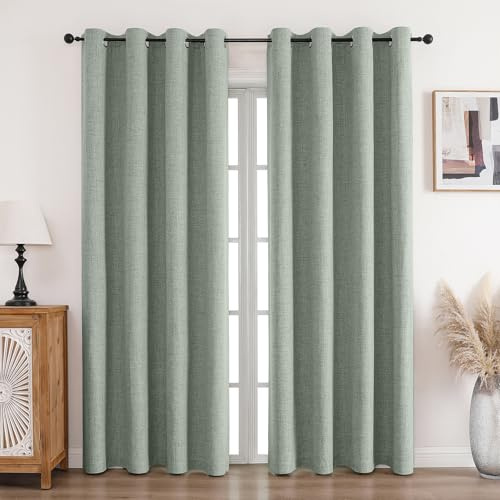 CUCRAF Vorhang 100% Blickdicht Leinen Gardinen mit Ösen Verdunklungsvorhänge Gardinen Graugrün H290 x B140 cm 2er Set, Thermovorhang Kälteschutz Schallschutz Vorhang für Wohnzimmer Schlafzimmer