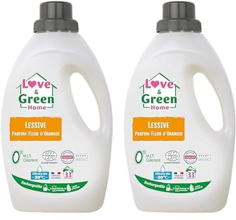Love & Green Home Lessive écologique rechargeable Parfum fleur d'oranger. Certifiée Dermatest 5 étoiles et Ecodétergent par Ecocert - Fabriquée en France - 1,5L - 33 lavages (Lot de 2)
