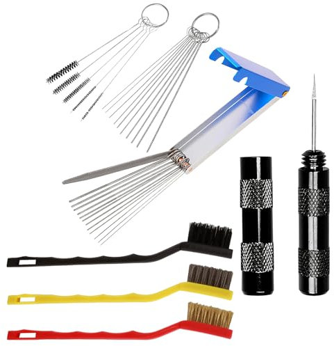 Carburetor Cleaner Tool Set 32Piece – Carb Cleaner Spray Gun Cleaning Kit Spray Gun-5 Cleaning Needles+10 Nylon Brushes +13 Pieces Cleaning Wires Set + 1 Sharpen Pick Tool Kit+3 Large Brushes