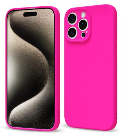 Svaove for iPhone 15 Pro Max Phone Case Liquid Silicone, Thin Ultra Slim Minimalist Phone Cover, Girly Cute Plain Bright Solid Color Matte Soft Rubber Jelly Gel Plastic TPU Bumper, Neon Hot Pink