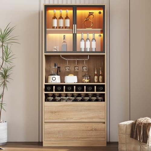 KOMHTOM Vitrine en Verre LED avec Compartiment de Rangement Ouvert et 2 Tiroirs - 80x40x180cm Armoire Moderne - MDF - Buffet en Bois pour Cuisine et Salon (Naturel - B)