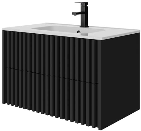 UEV Mueble de Baño 80CM Suspendido con Lavabo de Cerámica, Mueble Lavabo Incluido con 2 Cajones para Almacenaje, Moderno y Práctico, Negro