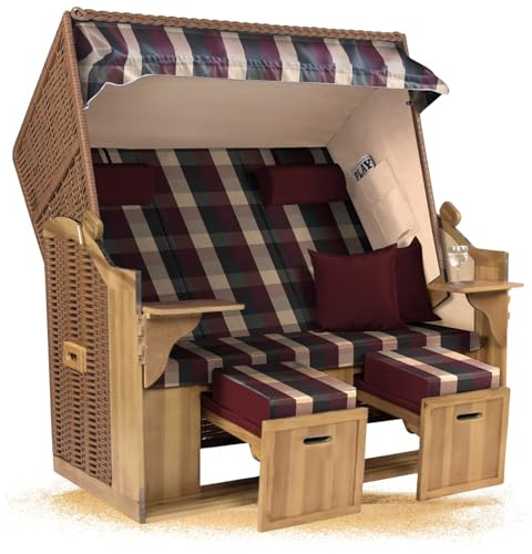 Strandkorb Hanse Ostsee XXL 2,5 Sitzer Volllieger Natur Beige 150cm breit, ideal für Garten, Terrasse und Balkon (Rot Grün Beige Kariert, Zerlegt)