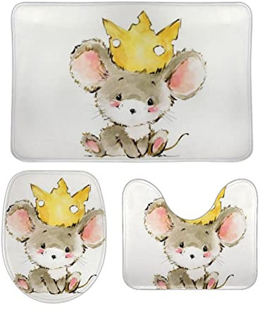 3 Piece Set Bath Mats Cartoon Mouse Watercolor Style Machine Washable Contour Mat Quick-Dry Toilet Rugs for Bathroom Shower