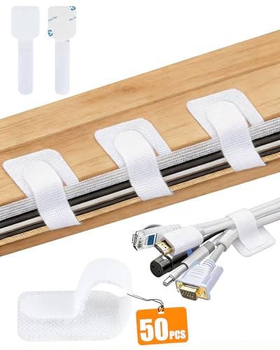 Acual 50 Stück Kabelmanagement Schreibtisch,Kabelhalter Selbstklebend | Cable Management,Kabel Clips Selbstklebend,Kabelklemmen Wand-Wiederverwendbare Cable Holder,Kabelführung für PC,TV,Ladekabeln