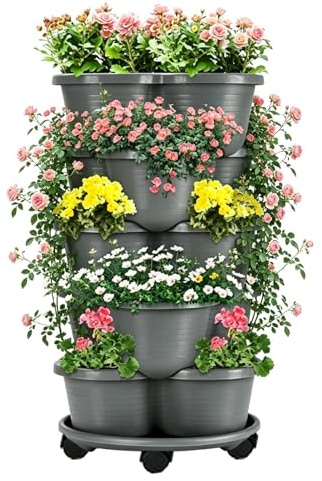 Aizgog Macetas Apilables,5 Niveles Apilable Vertical con Ruedas,Torre de Plantación para Macetas de Jardinería - para Uso en Patio Balcón Terraza Invernadero Interior Exterior Flores y