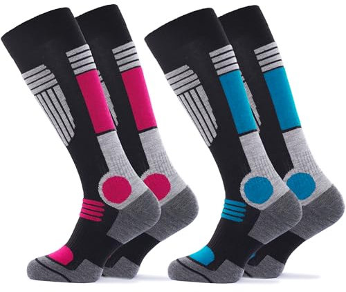 Damen Skisocken (2Paar) mit Polsterung in verschiedenen Farben (39/42, Blau-Pink)