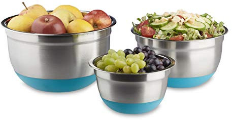 Relaxdays Bol mélangeur lot de 3 saladiers de différentes tailles en inox fond antidérapant en silicone, bleu