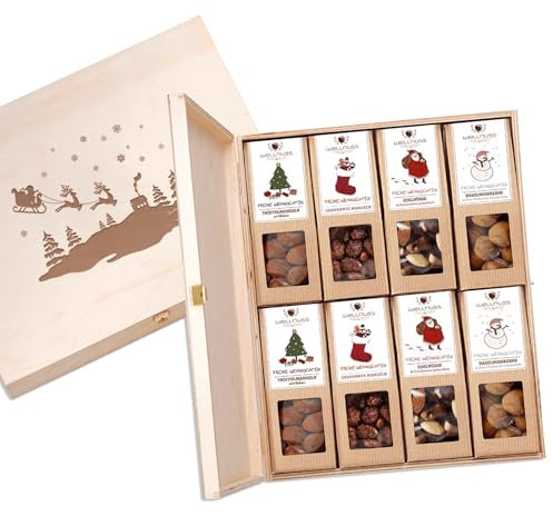 wellnuss Limitierte Weihnachtsedition - 8 Snacks in der Birkenholzbox | Gourmet Snackmischungen für Erwachsene aus Nüssen, Früchten & Schokolade | Das Besondere Geschenk zu Weihnachten