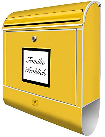banjado® Design Briefkasten personalisiert mit Briefkasten Gelb 38,5x46,5x13cm & 2 Schlüssel - Briefkasten Stahl weiß mit Zeitungsfach pulverbeschichtet - Postkasten A4 Einwurf inkl. Montagematerial