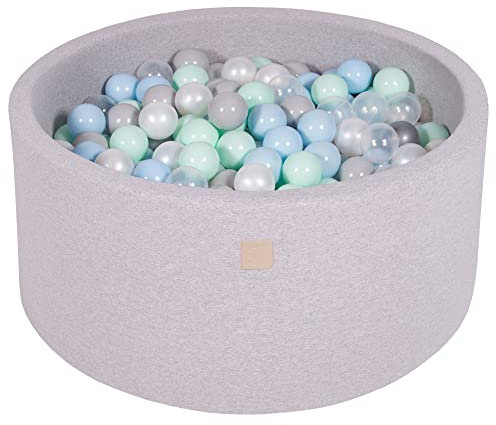 MEOWBABY Piscina de Bolas 90X40cm/300 Bolas ∅ 7Cm Piscina de Bolas Certificada para Niños Hecha en EU (90 x 40 cm, Gris Claro: Blanco Perla/Gris/Transparente/Menta/Azul Bebé)