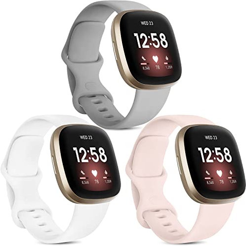 Vancle [3 Pack] Compatible Strap for Fitbit Versa 3 / Fitbit Sense, Soft Silicone Strap, Grey/Pink/White, Small