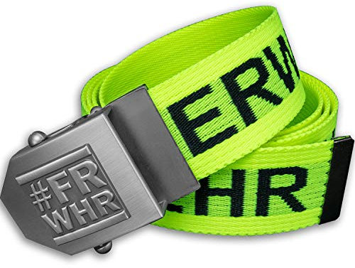 Feuerwehr-Gürtel | #FRWHR Emblem Flaschenöffner in Gürtel-Schnalle | neongelb Aufschrift schwarz | universal verstellbar 150cm | Männer Herren Frauen Damen Kinder | Einsatz Koppel | Geschenk Freizeit