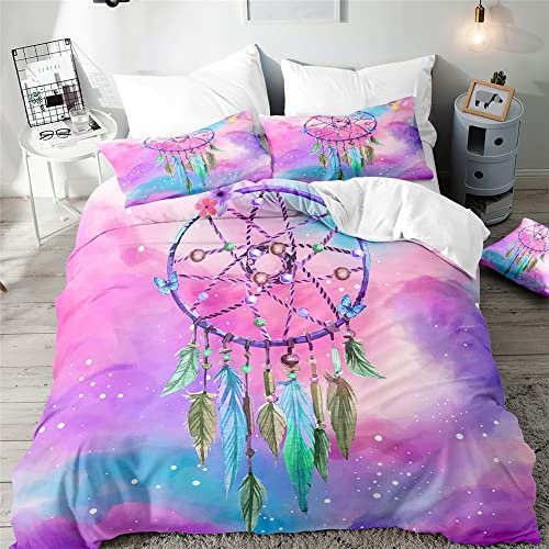 Surwin Bettwäsche-Set 3 Teilig, Microfaser Bettwäsche Set Einzelbett Doppelbett 3D Traumfänger Drucken Bettbezug mit Reißverschluss und 2 Kissenbezüge für Jungen Mädchen (Windspiele,135x200cm)