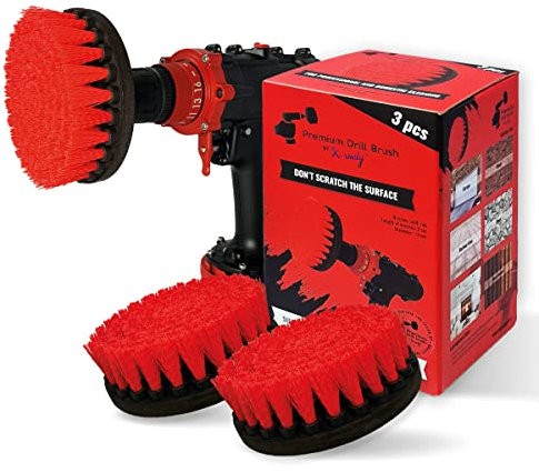 Kornely Brosse de Perceuse Premium – Dure 13 cm Rouge Lot de 3 | Brosse de Nettoyage Anti-Rayures pour Brique, Dalles terrasse, Lames Bois, Outils Jardin, Jantes, Piscine et Coques Bateau