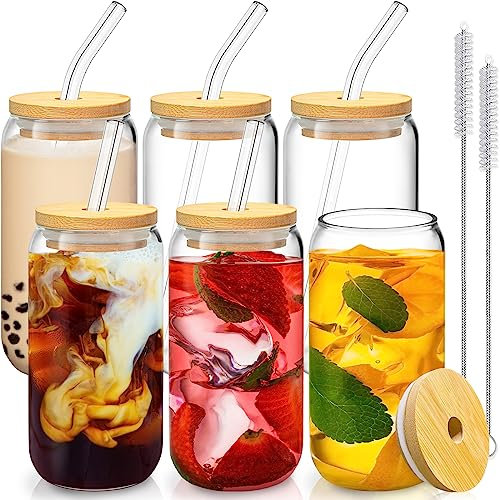 6 vasos con tapas de bambú y popote de vidrio, vasos de vidrio en forma de lata de 16 onzas para cerveza, café helado, bonito vaso ideal para cóctel de té Boba de soda, incluye 2 cepillos de limpieza