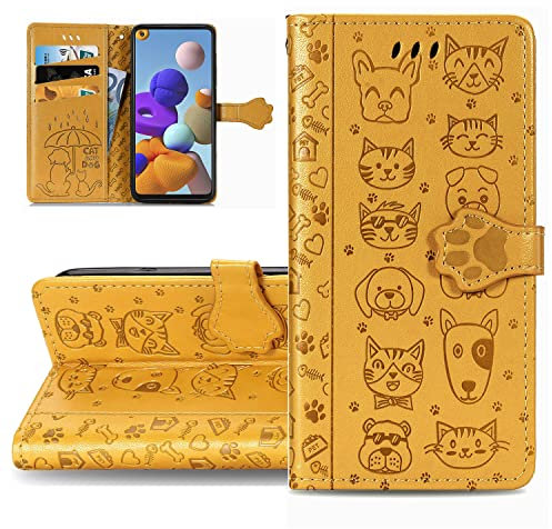 LEMAXELERS Phone Case for Apple iPhone 11 Flip Folio Wallet Cover Cute Cat Embossed Magnetic Closure Kickstand Card Slot Shockproof Bumper Protection Case for iPhone 11,SD Cat Yellow