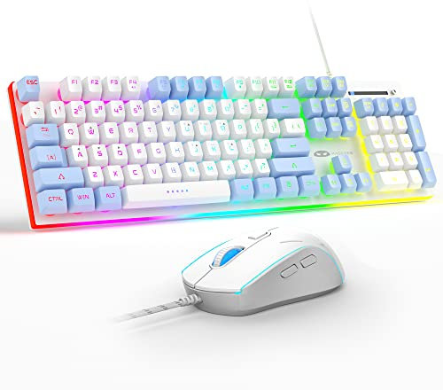 MageGee GT838 Gaming Keyboard and Mouse Combo, 104 Keys RGB Backlit Quiet Wired Keyboards for Laptop PC MAC, with Number Pad, Metal Panel, Anti-Ghosting, White Blue