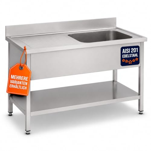 GastroHero Spültisch, Becken rechts, 120x70 cm, Edelstahl SPT-BASIC12X7R | Abtropffläche links, mit Grundboden, 100 mm Aufkantung, 1 Becken, nach Hygiene- und Sicherheitsrichtlinien produziert