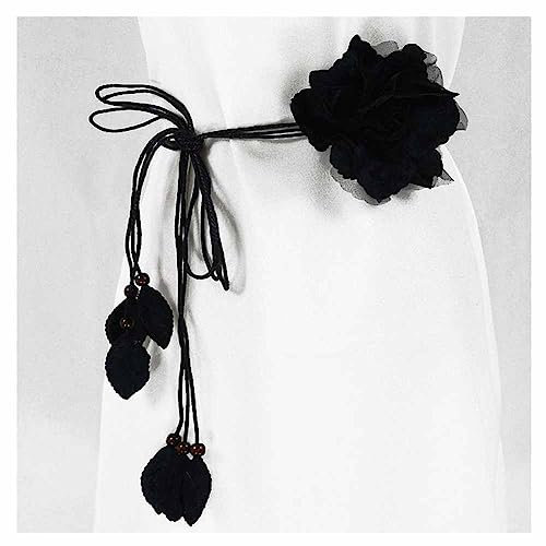 SHTGOI Damen Blumengürtel Chiffon Flower Brautgürtel Verstellbarer Quaste Gürtel Gewebte Gürtelbund Blumenkranz Vintage Taillengürtel Hüftgürtel Deko für Festival Party Hochzeit Strand 150cm Schwarz