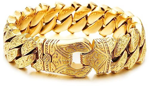 COOLSTEELANDBEYOND Herren Vintage Goldfarben Panzerkette Armband aus Edelstahl mit Tribal Tätowierung Muster, Retro-Stil, Männlich