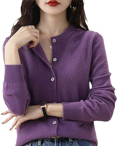 Cardigan da donna in cashmere maglione girocollo invernale femminile a maniche lunghe in lana lavorata a maglia tinta unita maglione morbido, Lilla viola., M