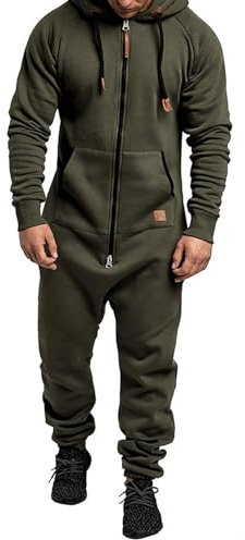 XIXIMAON Tutina da uomo Pigiama tuta con cappuccio con cerniera stampata mimetica tuta a maniche lunghe in pile onesie un pezzo invernale caldo, T-verde esercito, XL