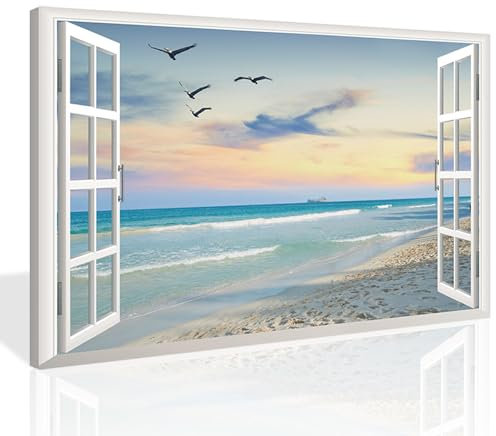 KAIRNE Poster da parete 3D con finestre finte sull'oceano, vista sul tramonto, 39 x 59 cm, decorazione da parete moderna per soggiorno, finestre aperte, oceano, spiaggia, tela, immagini da parete blu