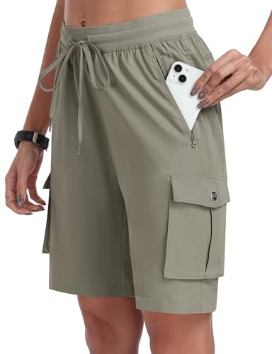 MoFiz Women's Cargo Hiking Shorts Quick Dry Workout Sports Running Short Pant Lightweight Walking Outdoor Shorts Multi Pockets Grey Khaki US XL/EU 2XL