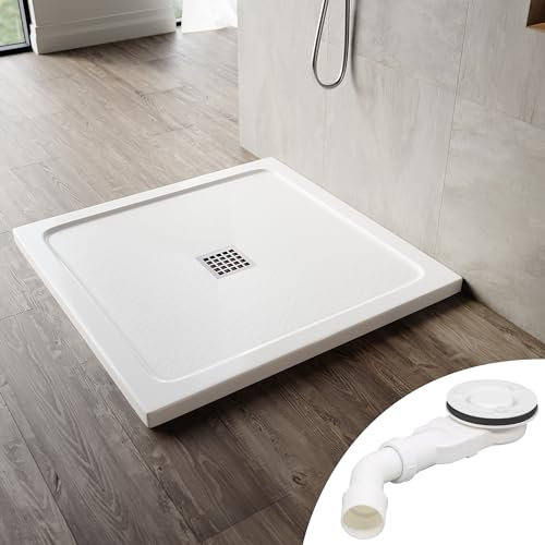 SONNI Quadratische Form Duschtasse 90x90x4 cm - mit flachem Design, Rutschfeste Duschwanne aus, Material SMC, Mittige Entwässerung, inklusive Ablaufgarnitur