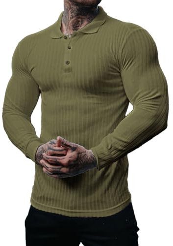 Muscle Cmdr Men's Cotton Muscle Shirts Slim Fit Business Casual Tee Long Sleeve Ribbed Polo V Neck Shirt Green/M