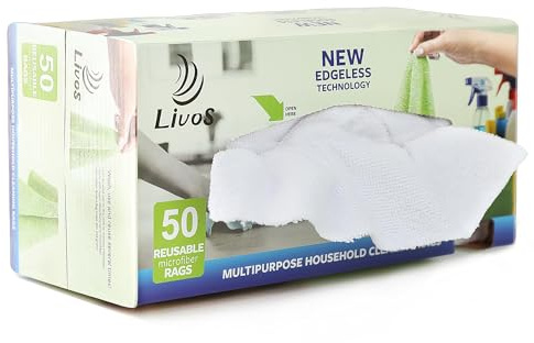 LIVOS Mikrofaser-Reinigungstücher in Box, wiederverwendbare Reinigungstücher, 29,2 x 29,2 cm, kantenlose Mikrofasertücher, fusselfrei, saugfähige Ladentücher für Küche, Auto, Glas, Weiß, 50 Stück