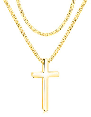 Moguri Kreuz Halskette für Männer, 60cm Edelstahl-Anhänger Kreuze, Kette, Schmuck, Geschenkbox für Jungen, enthält 1 Stück 45 cm lange Ersatzkette,Gold