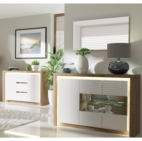 Lomadox Wohnwand Set 2-teilig mit Spiegel Vitrinenschrank Kommode Sideboard Wohnzimmermöbel Schrank modern in Eiche mit weiß