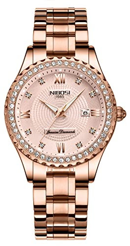NIBOSI Damen Armbanduhr Analoges Quarz Uhr Zifferblatt in Roségold luxuriöse wasserdichte Diamant-Armbanduhr Edelstahl für Damen automatisches Datum
