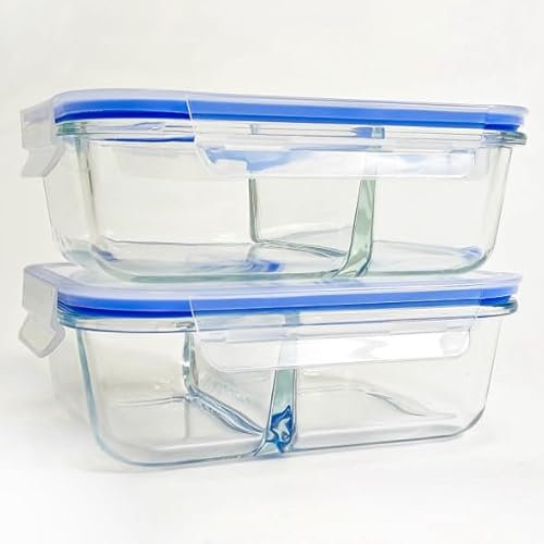 Lebensmittelbehälter aus Glas mit Deckel, 2 Stück, 2 Fächer, je 1040 ml, BPA-frei, luftdicht, ofen-, mikrowellen-, gefrier- und spülmaschinenfest, wiederverwendbare Lunchbox aus Glas mit Deckel