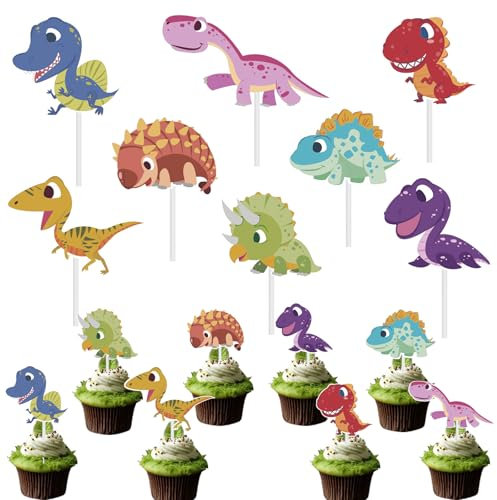 Silars Dinosaurier Cupcake Topper, 24 Stücke Tortendeko Dinosaurier Deko Geburtstag, Tortenaufleger für Cupcake DIY Deko für Wald, Tiermotiv, Babyparty, Geburtstag, Party