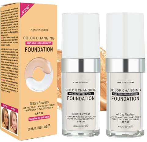 2Pcs Color Changing Foundation, Body Coverage Perfector with SPF 30+, Long-Lasting Hydration Nourishment, Liquid Makeup Base Nude Face Cover Concealer, Warm Skin Tone Moisturizing