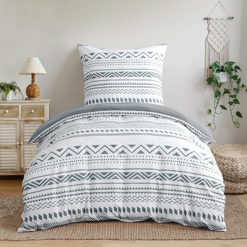 Aisbo Bettwäsche 155x220 Bettdeckenbezug - Bettwäsche Set 155 x 220 cm Boho Grau Muster mit Kissenbezug 80x80 cm, Mikrofaser Bettbezug mit Reißverschluss, Bügelfrei und Weich