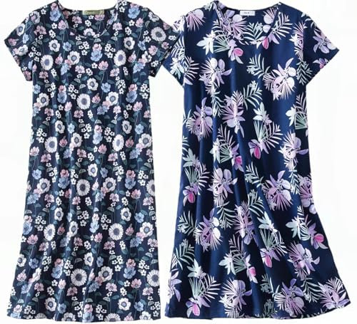 BERDITH 2 Pack Nighties for Women Nightdress Ladies Cotton Blend Nightwear Night Dress Womens Nightshirt Nightdresses Plus Size UK 16-18 Gift Mum Mummy Mothers Day