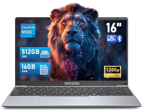 FUNYET portátil de 16 pulgadas, win11 ordenador portátil, procesador N100, 16GB RAM 512GB SSD, 1920 x 1200 FHD laptop, teclado con retroiluminación notebook, 180 ° ángulo de apertura, 46.2 WHr batería
