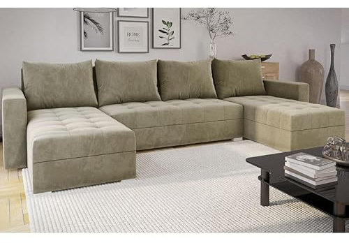MODERNO Ecksofa mit Schlaffunktion und Bettkasten FORSET U - Sofa mit +3 Sitzen - Schlafcouch Wohnlandschaft U Form - Modern Couch 301x145x80 cm - Big Sofa XXL Beige
